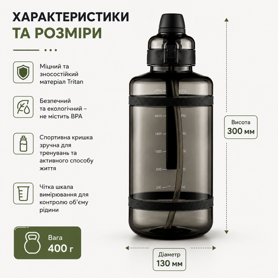 Удобная спортивная бутылка с соломинкой 2500 мл из тритана черная | Зображення 2