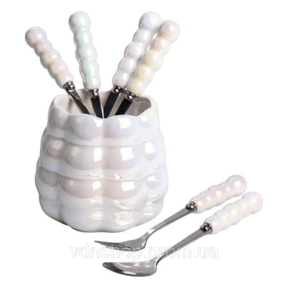 Набір десертних виделок і ложок на 3 персони з підставкою з порцелянау 7 предметів Перламутровий HP-20-62 | Зображення 1