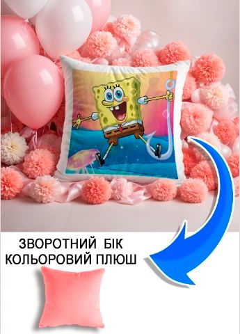 Подушка плюшева Мерч Крафт Дизайн з принтом Спанч Боб рожевий плюш квадратна 33х33 см