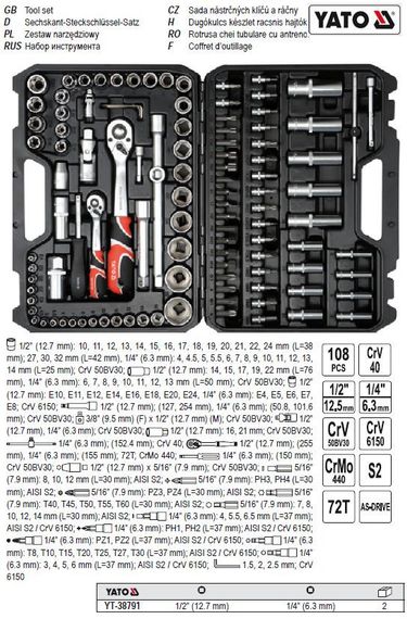 Набір головок торцеві 1/4" 1/2" інструмент насадки 108 штук YATO-38791