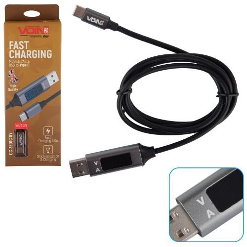 Кабель VOIN CC-3201C GY, USB-Type C 3А, 1m, grey з дисплеєм | Зображення 1