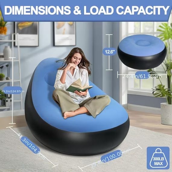 Надувной диван с пуфом Air Sofa / Надувное велюровое кресло с пуфиком+насос Голубой | Зображення 5