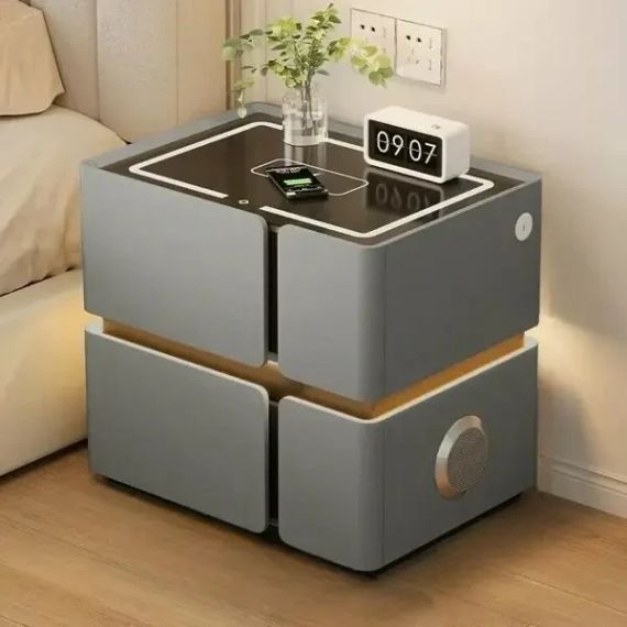 Розумна приліжкова тумба SZXF01 з Bluetooth-колонкою, USB і сенсорною підсвіткою, 2 шухляди, МДФ/екошкіра, сіра | Зображення 1