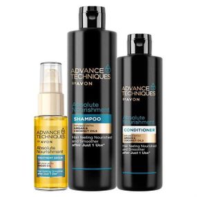 Набір для волосся Avon Advance Techniques Абсолютне живлення 3 в 1 Шампунь 400 мл Бальзам-кондиціонер 250 мл Сироватка-спрей 30 мл
