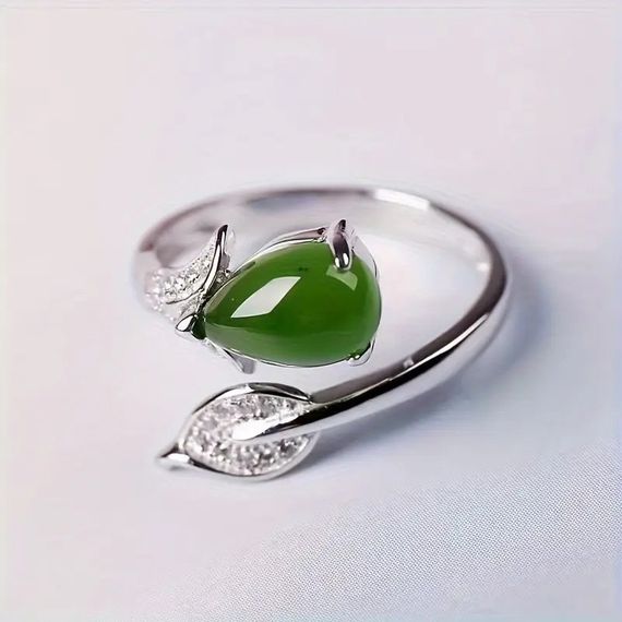 Елегантна жіноча каблучка з дизайном Листя і краплі води штучний зелений нефрит регульована срібляста