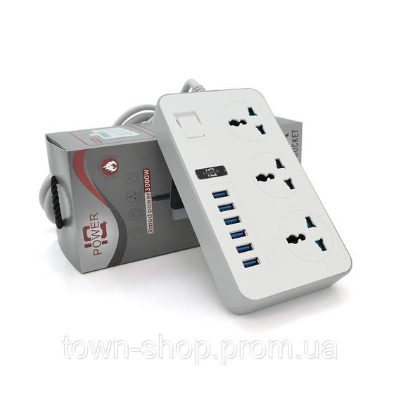 Сетевой фильтр ТВ-Т09, 3 розетки + 6 USB, 2 м, сечение 3х0,75мм, 3000W, White-grey, Box | Зображення 1