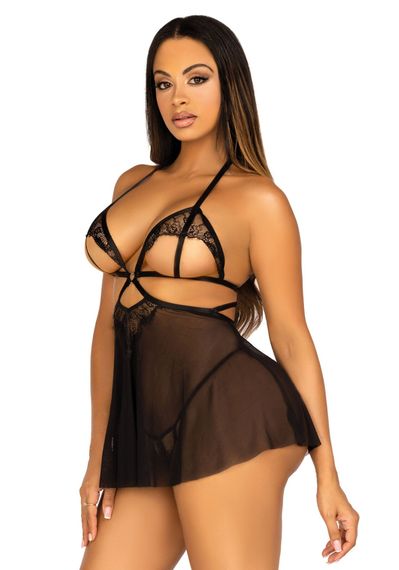 Сорочка бебі-дол з відкритими чашками Leg Avenue Lace and mesh babydoll & panty Black L, стринги | Зображення 5