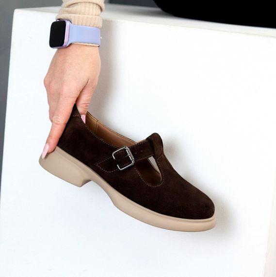 Замшеві демі туфлі на ремінці натуральна замша низький хід колір Шоколад | Зображення 1