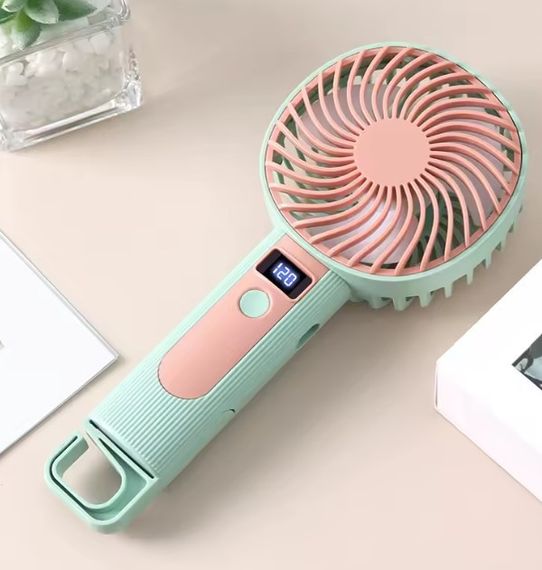 Портативный ручной вентилятор Handheld Fan FY083 пластиковый с подставкой и крючком LED дисплей 120 скоростей 1 Вт Бирюзовый | Зображення 4