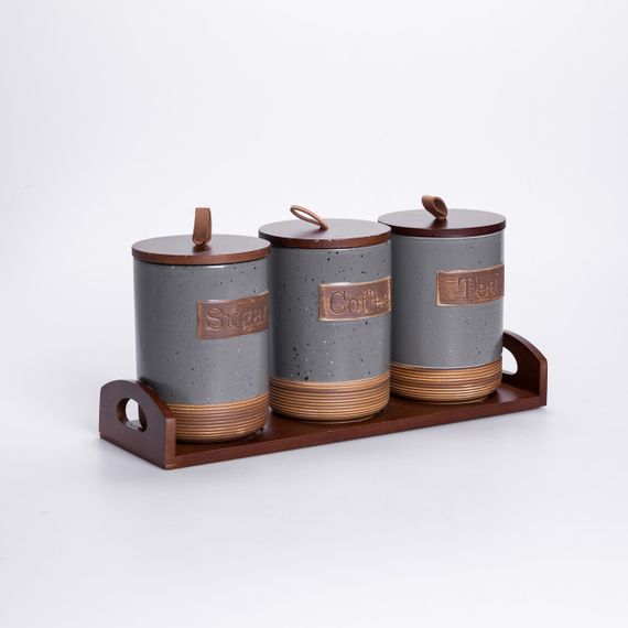 Набір банок для сипучих продуктів 3 шт. з бамбуковими кришками на підставці | Зображення 1