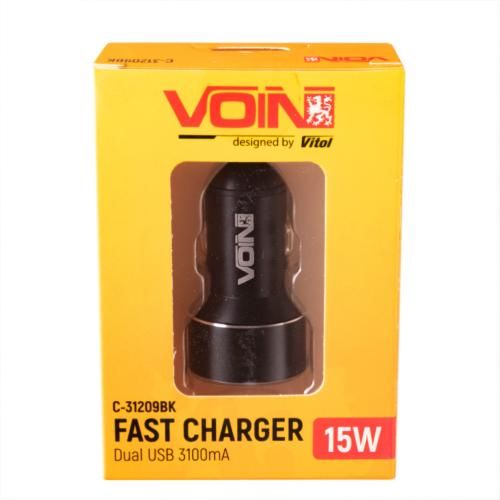 Автомобільний зарядний пристрій VOIN C-31209BK, 2USB (12/24V - 5V 3,1A) + вольтметр | Зображення 1