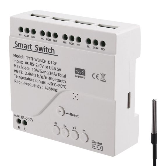 Термостат TYTHWB4CH-D1RF с Wi-Fi управлением, 4 канала, программируемый Tuya DS18B20+Bluetooth+433Mhz | Зображення 1