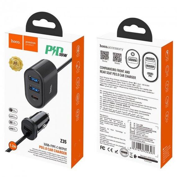 Автомобільний зарядний пристрій Hoco Z35 PD3.0 48W 3 USB 2.4A Black | Зображення 4