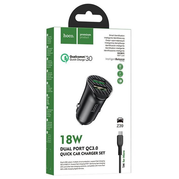 АЗП Hoco Z39 Farsighted QC3.0 18W (2USB-A) + кабель USB to MicroUSB Чорний | Зображення 5