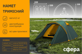 Намет тримісний СИЛА Сфера 220×220×130 см туристичний для кемпінгу з москітною сіткою, вікном, входом і вентиляцією