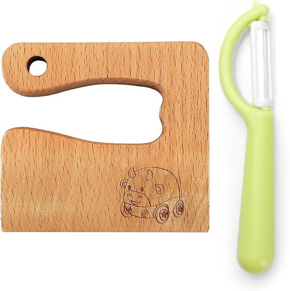 Нож детский кухонный деревянный и овощечистка, безопасный набор 2 шт, кулинарный кухонный инструмент для детей