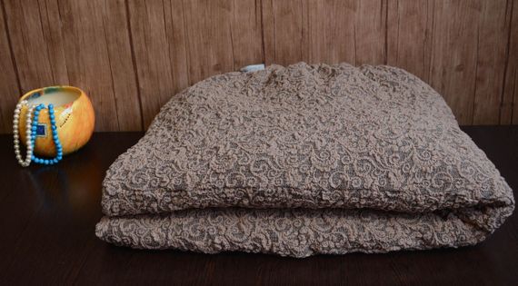 Жаккардовый чехол на диван + 2 кресла с юбкой Бежевый | Зображення 3