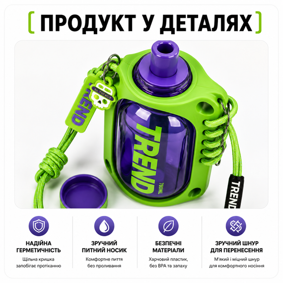 Бутылка для воды TREND 780 мл зеленая с силиконовым чехлом, соломинкой и ремешком | Зображення 7