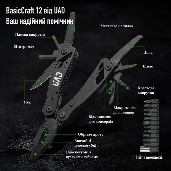 Мультитул професійний UAD BasicCraft 12 інструментів 420 Чорний | Зображення 1