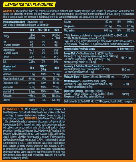 Комплекс до тренування BioTechUSA Pump Caffeine free 330 g /30 servings/ Ice Tea Lemon | Зображення 1