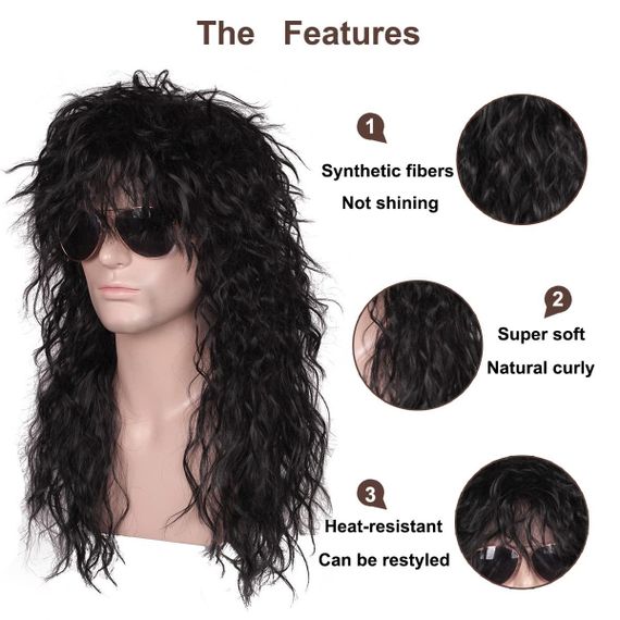 Парик черный кудрявый длинный в стиле рок 80-х, с тату рукавами, для косплей вечеринок смены образа Рок-звезда | Зображення 2