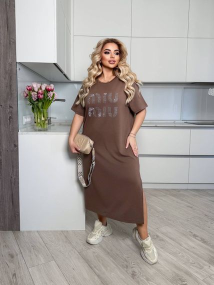 Женское платье-футболка длинное с коротким рукавом, больших и батальных размеров IS873, цвет мокко, размер 54/56