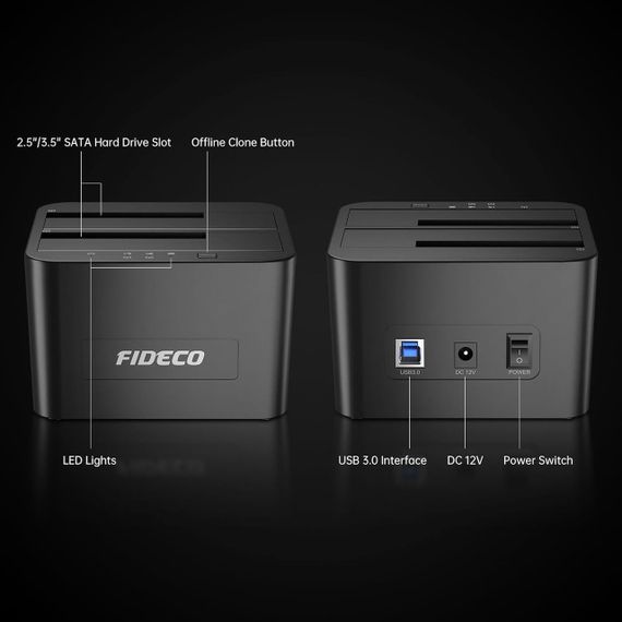 Док-станція FIDECO для зовнішніх жорстких дисків 2,5/3,5" SATA SSD, подвійна док-станція USB 3.0 з підтримкою автономного клонуван | Зображення 1