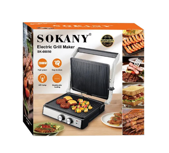 Домашний электрический гриль 2000 Вт, раскрытие на 180°, Sokany SK-08050 | Зображення 2