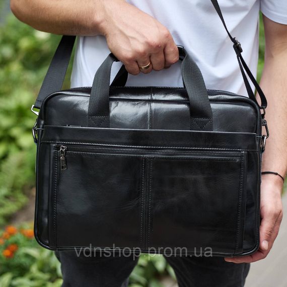 Кожаная мужская сумка-портфель 38х28х8, сумочка для работы и ежедневных дел, мужской шопер, черная | Зображення 1