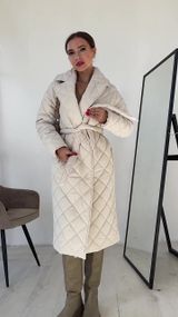 Пальто Стеганное женское за колено без капюшона в цвете молоко XS, 110