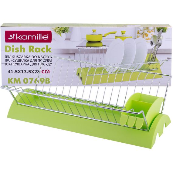 Сушарка для посуду Kamille 41,5х28х13,5 настільна хромована сталь з піддоном зелена для тарілок | Зображення 4