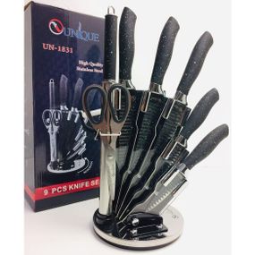 Набор ножей UNIQUE UN-1831, 9 предметов, с подставкой, нержавеющая сталь, с овощечисткой, черный