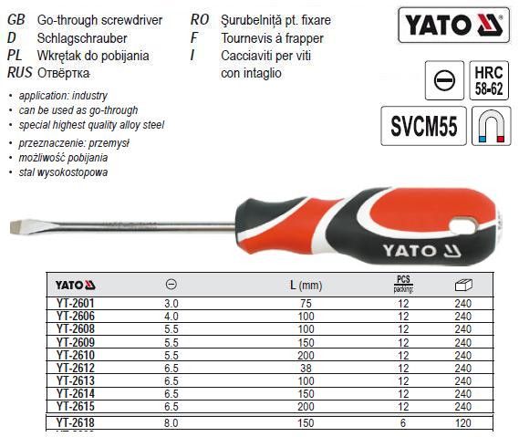 Отвертка YATO викрутка шліцева плоска 60х200 мм YT-2615