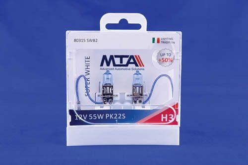 Лампа автомобільна H3 12 V 55 W PK22S SUPER WHITE (ближня/дальня, протитуманна) (світло-блакитний) (2шт) MTA 80315 SWB21