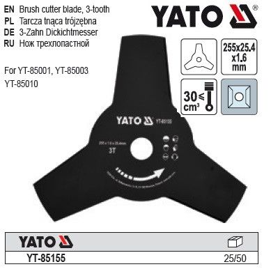 Ніж 3-зубний YATO Польша : Ø= 255 x 25.4 мм до газонокосарок YT-85001, YT-85003 YT-85155 | Зображення 1