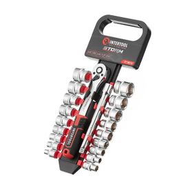 Набір головок STORM 3/8", 6-24 мм, подовжувач, рукоятка з храповим механізмом, 20 од., Cr-V INTERTOOL ET-8015