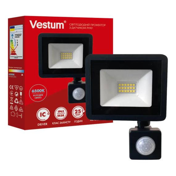 Світлодіодний прожектор з датчиком руху Vestum 20W 1600Лм 6500K 180-260V IP65 1-VS-3020