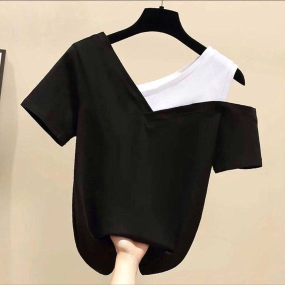 Женская оригинальная футболка на одно плечо GF05217 цвет черный, размер 46/48