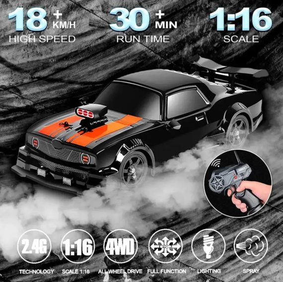 Машинка на радіоуправлінні Dodge Challenger 1:16, чорна – для дрифту та перегонів, 4WD, до 18 км/год | Зображення 4