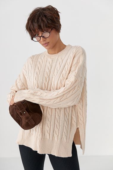 В'язана кофта в косички з розрізами - кремовий цвет, ONE SIZE (є розміри)