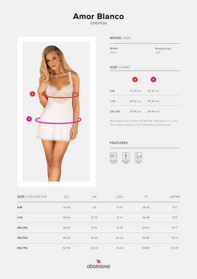 Сорочка Obsessive Amor Blanco underwire chemise & thong white S/M | Зображення 4