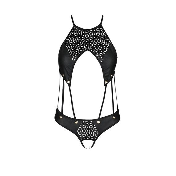 Боді з відкритим доступом Passion TASMINA BODY L/XL black, екошкіра, шнурівки, ажурні мережива | Зображення 2