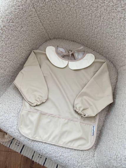 Нагрудник дитячий з рукавами для годування та творчості Бежевий з комірцем