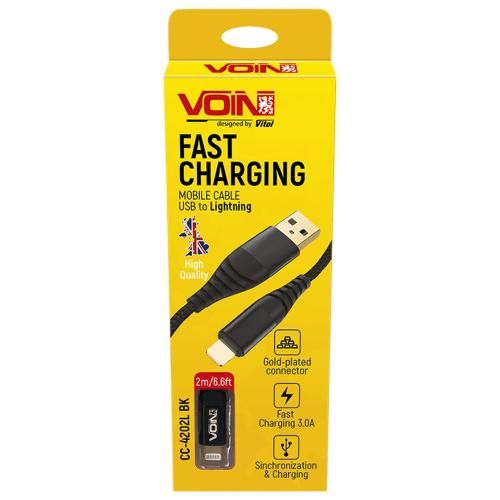 Кабель VOIN CC-4202L BK USB - Lightning 3А, 2m, black (швидка зарядка/передача даних) | Зображення 1