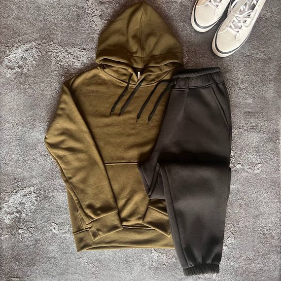 Мужской теплый спортивный костюм на флисе DA2456 размер S цвет хаки + черный