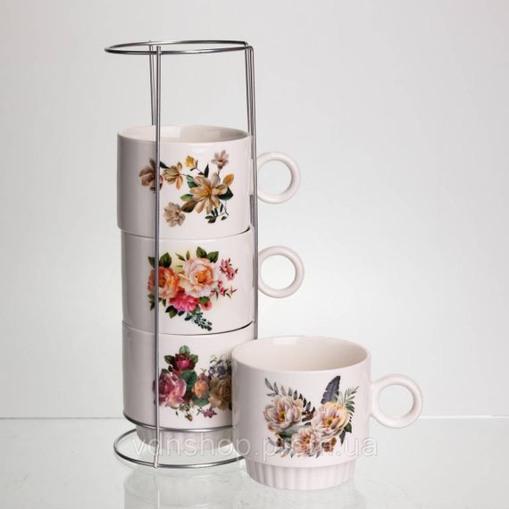 Набор чашек для чая и кофе на металлической подставке Flower 4 (шт) по 300 (мл) подарочный набор фарфоровых чашек FM-7 | Зображення 2