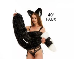 Анальний потрійний хутряний хвіст без пробки, Чорнобурий з білим кінчиком, OKOVA 100 см. Sex Aura