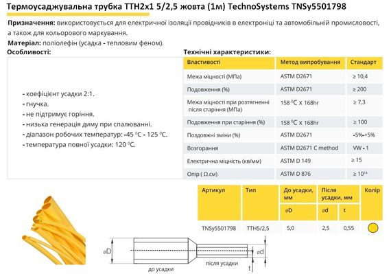 Термоусадочна трубка ТТН2х1 5/2.5 жовта 1 метр Ny95501798 | Зображення 1