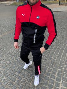Мужской спортивный костюм BMW двухцветный SE0003 цвет черно-красный, размер S