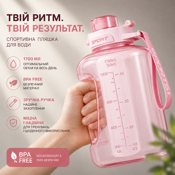 Спортивная бутылка для воды 1700 мл (1,7 л) с ручкой (BPA Free) - Нежный Розовый | Зображення 2